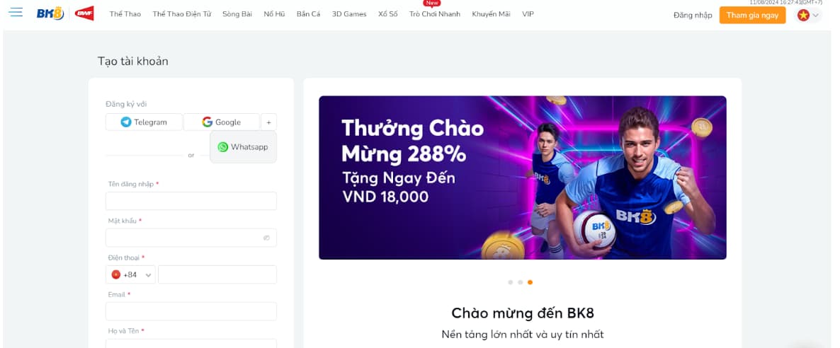 Casino BK8 hỗ trợ nhiều phương thức đăng ký tài khoản