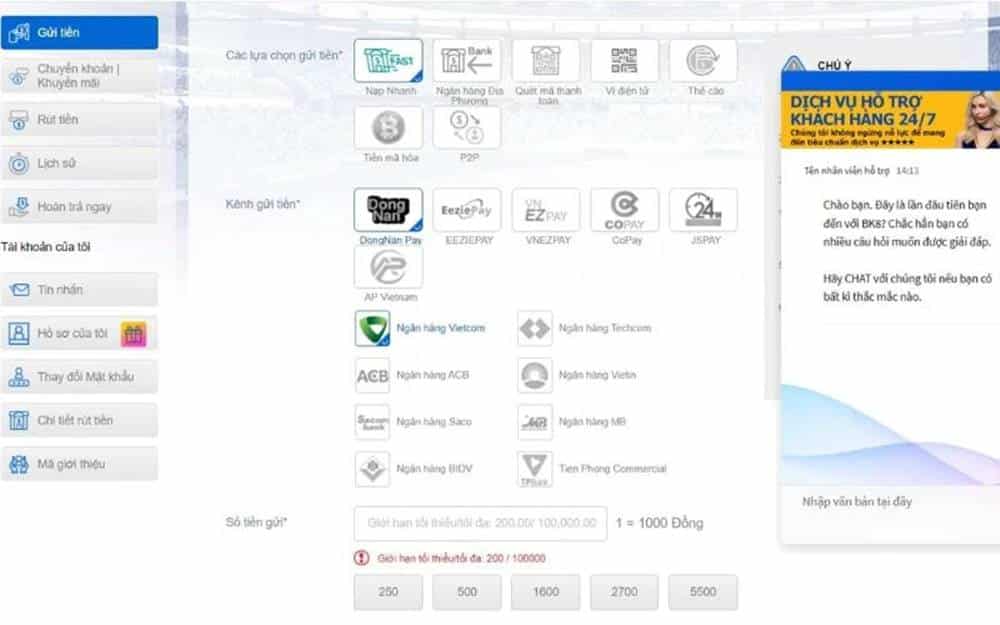 Có nhiều phương thức nạp và rút tiền nhanh chóng thuận lợi